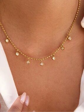 18K Gold Plated Beaded Cubic Zirconia Drop Necklace